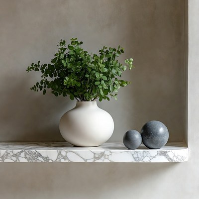 White vase with eucalyptus and gray spheres