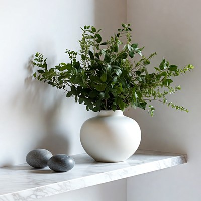 Green branches in white vase on marble shelf