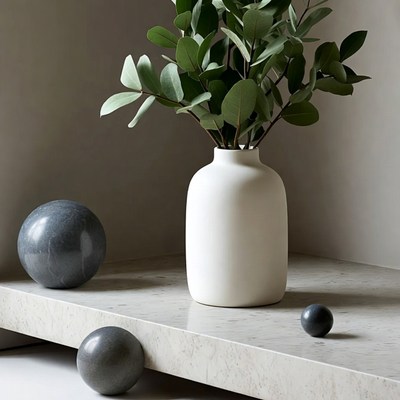 White Vase with Greenery and Gray Spheres