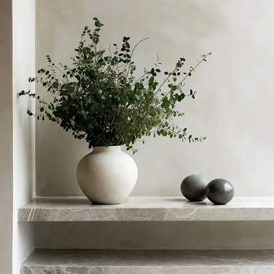 Eucalyptus in White Vase on Marble Shelf