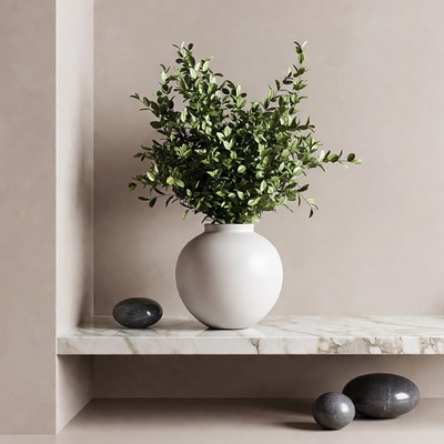 Green Plant in White Vase on Shelf