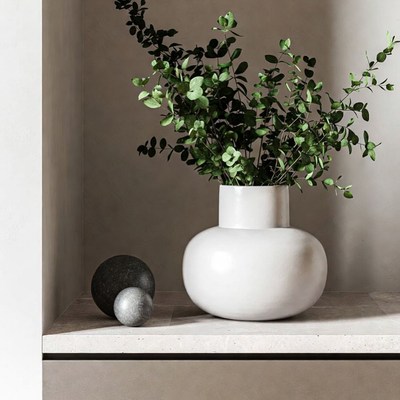 White vase with green eucalyptus branches