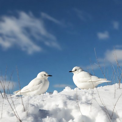 Two white snow buntings on snow