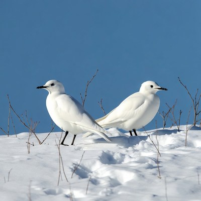 Two white terns on snowy ground