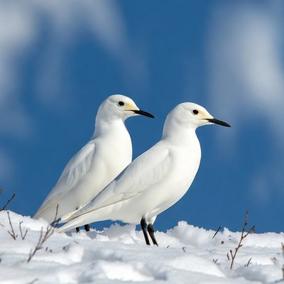 Two white terns on snow