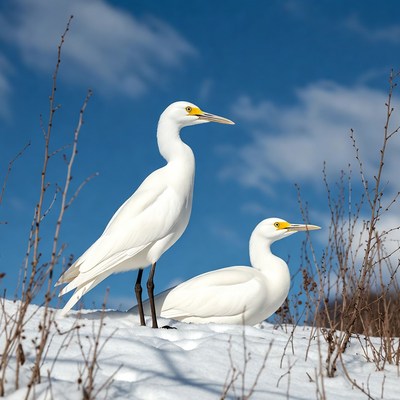 Two Cattle Egrets on Snow