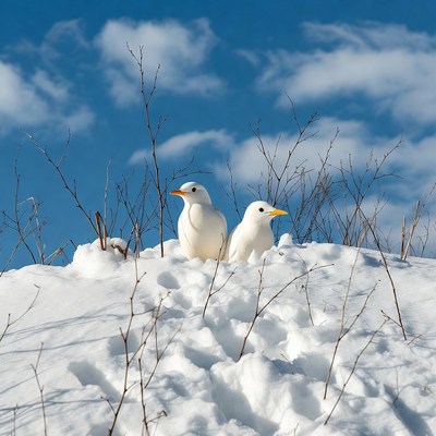 Two white terns on snowy hill