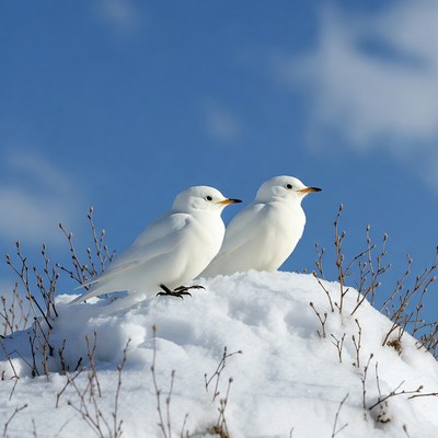 Two white snow buntings on snowy hill