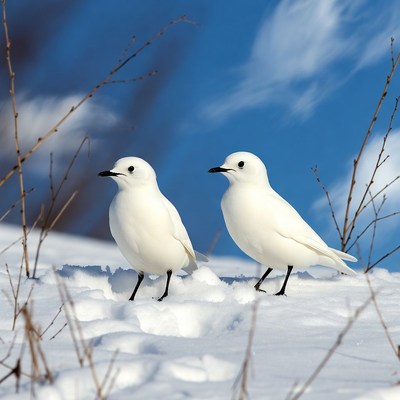 Two white snowy plovers on snow