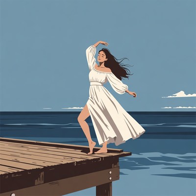 Woman dancing on pier by ocean