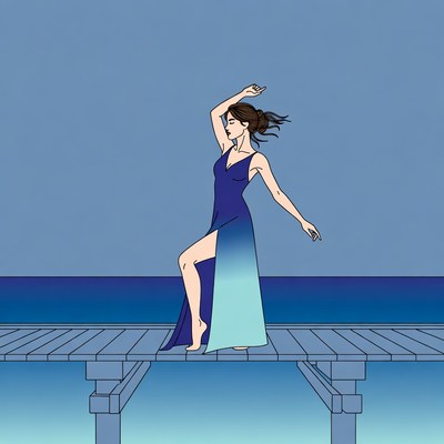 Woman dancing on pier in blue dress