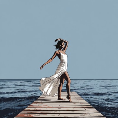 Woman dancing on pier in white dress