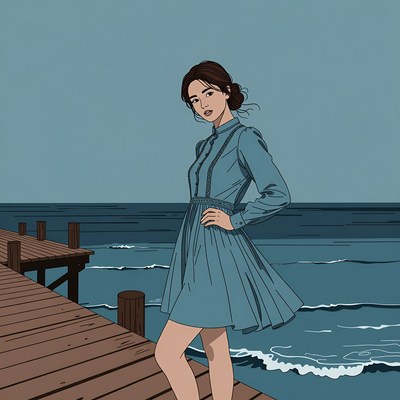 Asian woman in blue dress on pier