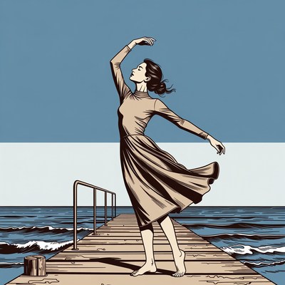 Woman dancing on pier over ocean