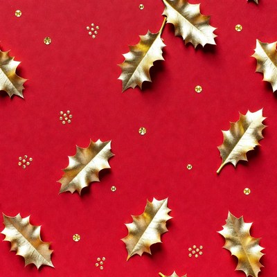 Gold Holly Leaves on Red Background
