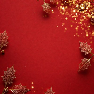 Golden Holly Leaves on Red Background