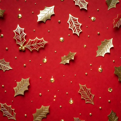 Gold Holly Leaves on Red Background