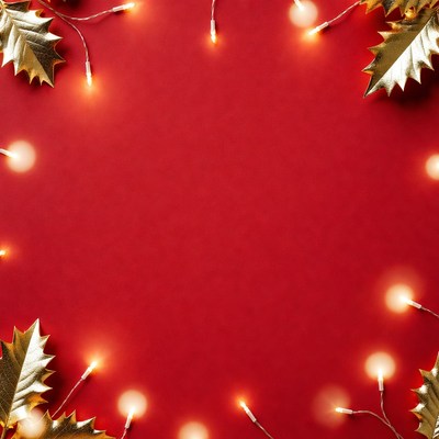 Gold Holly Leaves and Fairy Lights on Red Background