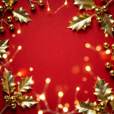 Gold Holly Christmas Frame on Red