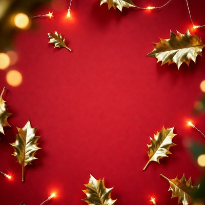 Golden Holly Leaves on Red Background