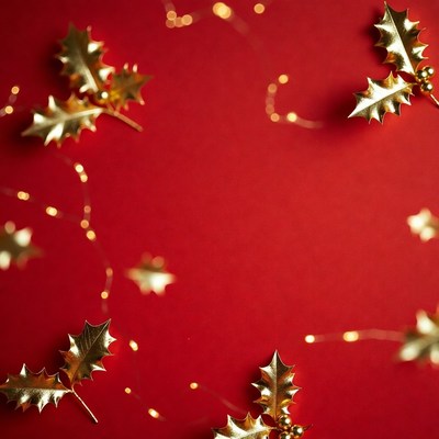 Gold Holly Leaves on Red Background