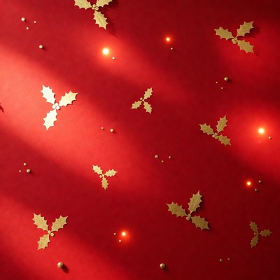 Gold Holly Leaves on Red Background