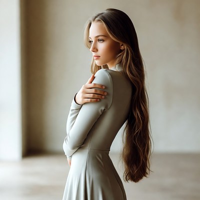 Young woman in gray dress profile view