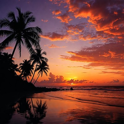 Tropical Sunset Beach with Palm Trees