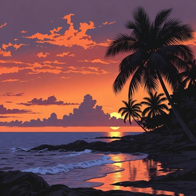 Vibrant Sunset Over Beach with Palms