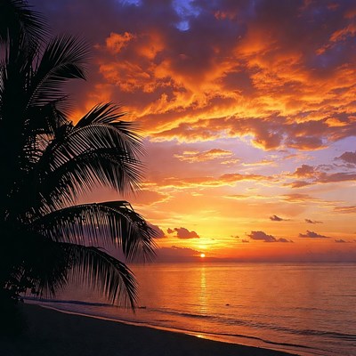 Palm Trees at Tropical Sunset Beach