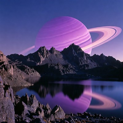 Purple Saturn over mountains and lake