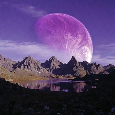 Purple Planet Over Mountains and Lake