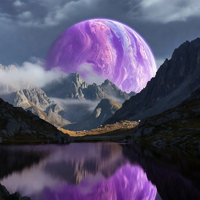Purple Planet Over Mountain Lake