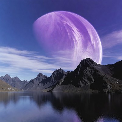 Purple Moon over Mountains and Lake