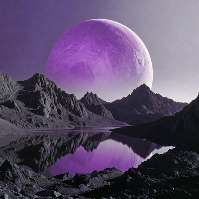 Purple Planet Over Mountains and Lake