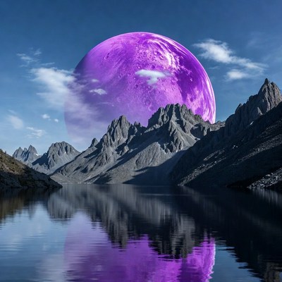 Giant Purple Moon over Mountains and Lake