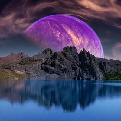 Purple Planet over Mountain Lake