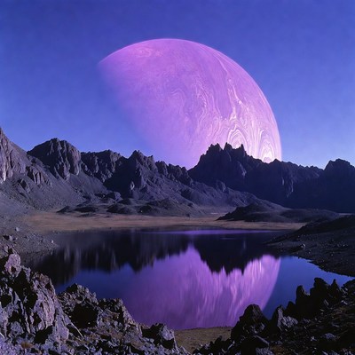 Purple Planet Over Mountains and Lake