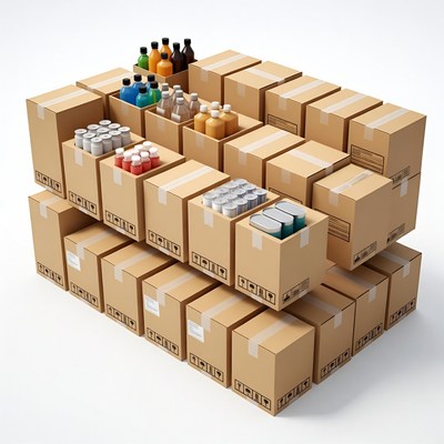 Stacked Cardboard Boxes with Beverages