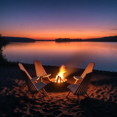Campfire chairs on beach at sunset