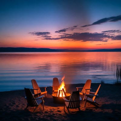 Adirondack chairs around beach bonfire sunset