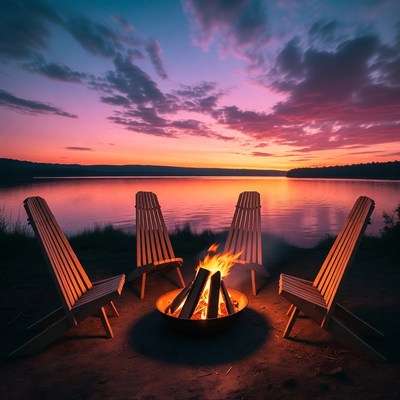 Adirondack chairs around campfire at sunset lake