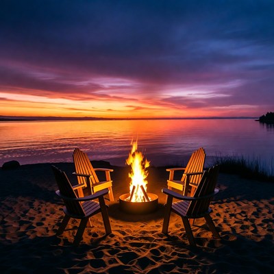 Campfire with Adirondack Chairs by Lake Sunset