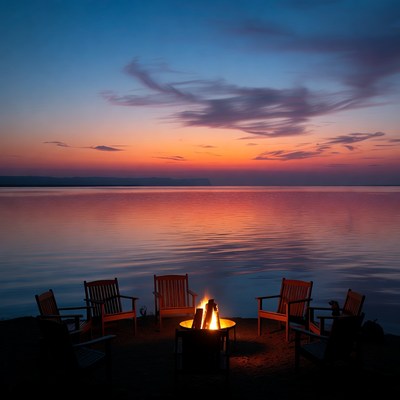 Campfire chairs by lake sunset