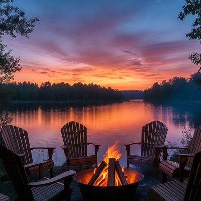 Campfire with Adirondack Chairs by Lake Sunset