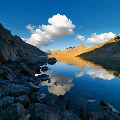 Mountain Lake with Reflections and Clouds