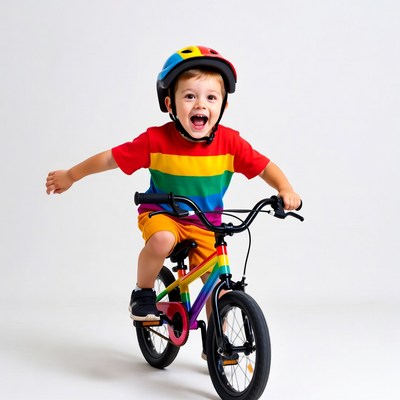 Boy riding rainbow bike