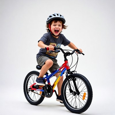 Boy riding red kids bicycle