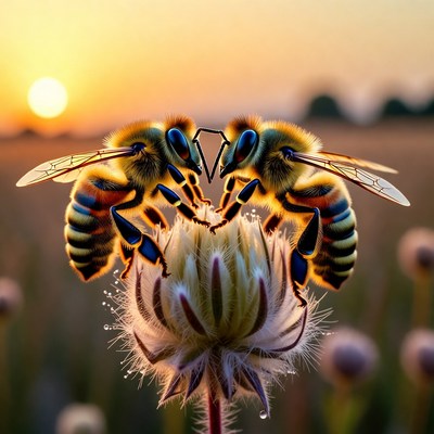 Two Bees Pollinating Flower at Sunset
