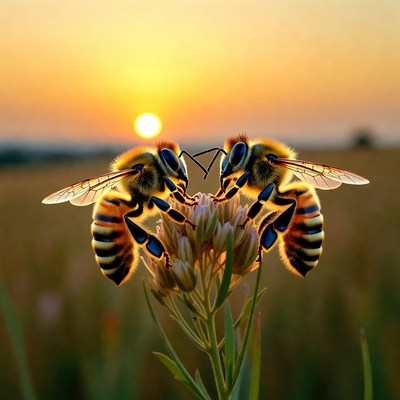 Two Bees on Flower at Sunset